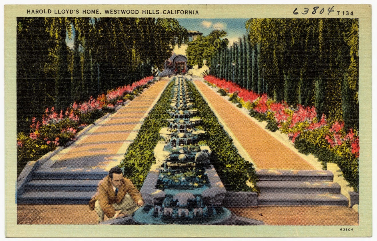 A postcard of a waterfall cascade at Greenacres with Harold Lloyd.